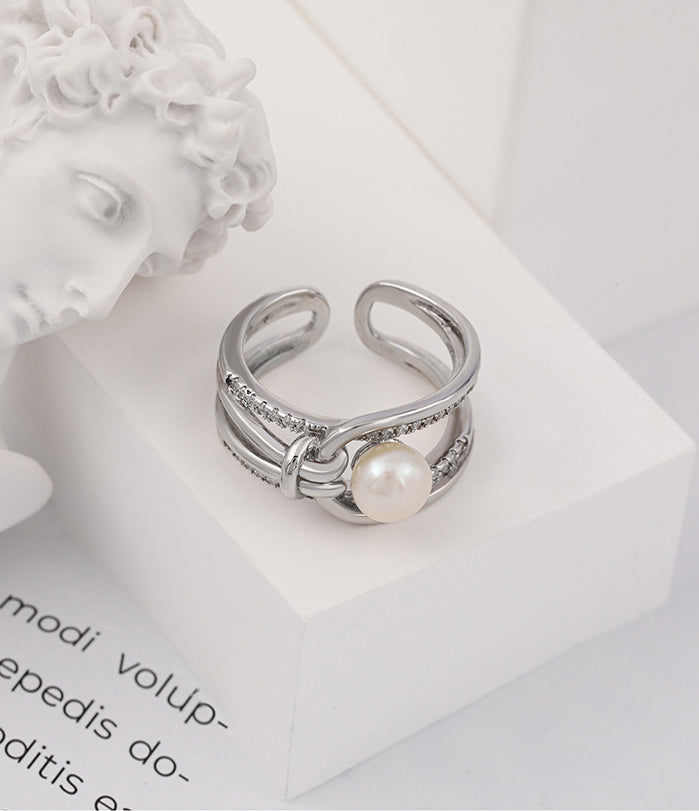 Diamond Ridged Pearl Ring - Silver