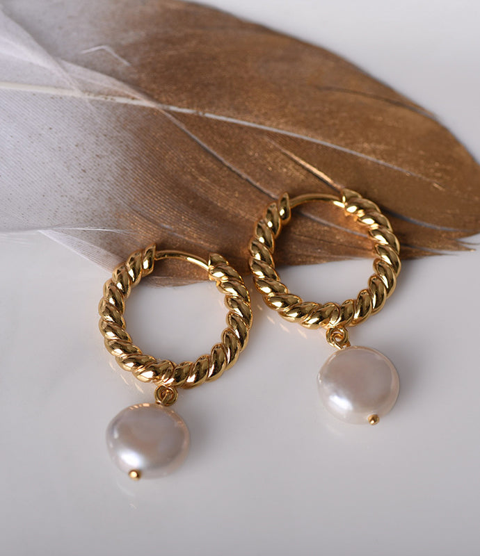Pearl Pendant Hoop Earrings - Gold