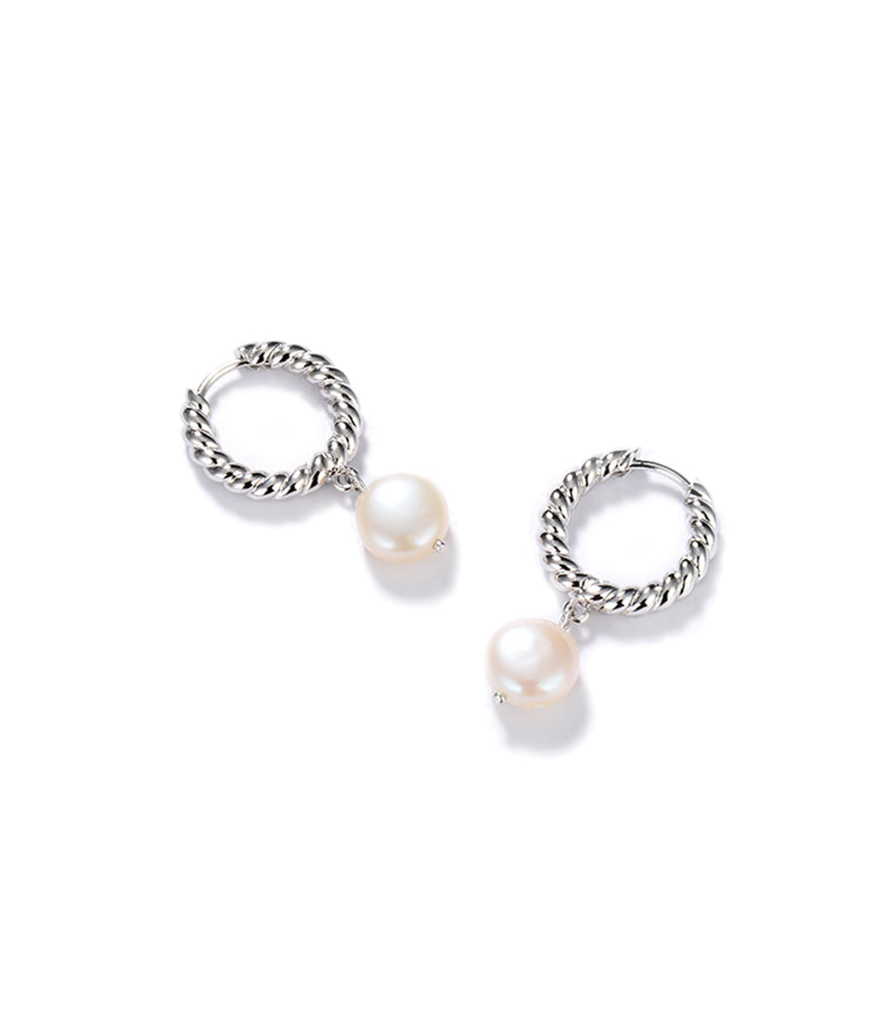 Pearl Pendant Hoop Earrings - Silver